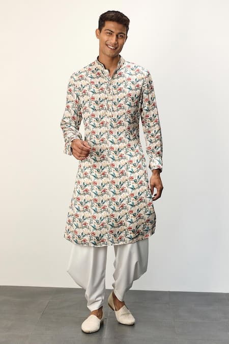 Arjan Dugal Scarlet Floral Print Classic Kurta With Draped Pant 