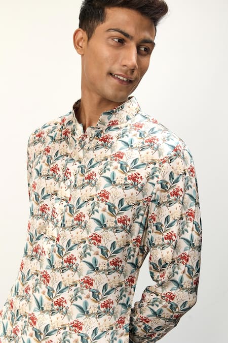 Arjan Dugal_Ivory Modal Print Floral Kurta _Online_at_Aza_Fashions