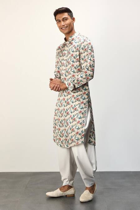 Buy_Arjan Dugal_Ivory Modal Print Floral Kurta _Online_at_Aza_Fashions