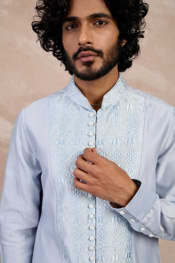 Arjan Dugal Ivory Chanderi Silk, Viscose Embroidery Zaal Embrodiered Yoke Kurta With Pant Online at Aza Fashions Arjan Dugal_Ivory Chanderi Silk, Viscose Embroidery Zaal Embrodiered Yoke Kurta With Pant _Online_at_Aza_Fashions