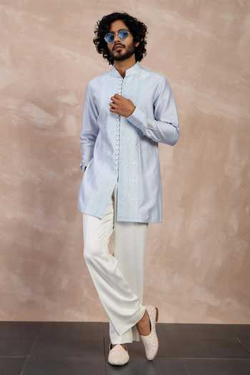 Shop Arjan Dugal Ivory Chanderi Silk, Viscose Embroidery Zaal Embrodiered Yoke Kurta With Pant Online at Aza Fashions Shop_Arjan Dugal_Ivory Chanderi Silk, Viscose Embroidery Zaal Embrodiered Yoke Kurta With Pant _Online_at_Aza_Fashions