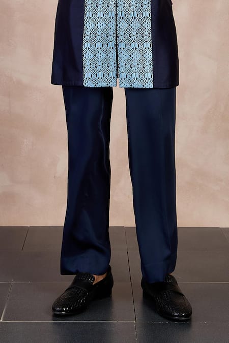 Arjan Dugal_Blue Chanderi Silk, Viscose Embroidery Chintz Print Kurta With Pant _Online_at_Aza_Fashions