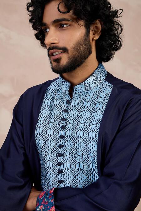 Buy_Arjan Dugal_Blue Chanderi Silk, Viscose Embroidery Chintz Print Kurta With Pant _Online_at_Aza_Fashions