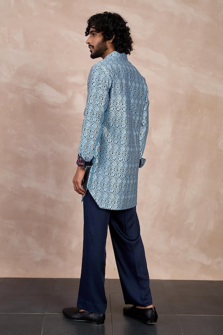 Shop Arjan Dugal Blue Chanderi Silk, Viscose Embroidery Zaal Short Kurta With Pant at Aza Fashions Shop_Arjan Dugal_Blue Chanderi Silk, Viscose Embroidery Zaal Short Kurta With Pant _at_Aza_Fashions