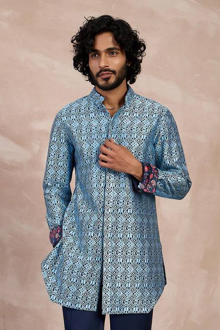 Arjan Dugal Blue Chanderi Silk, Viscose Embroidery Zaal Short Kurta With Pant Online at Aza Fashions Arjan Dugal_Blue Chanderi Silk, Viscose Embroidery Zaal Short Kurta With Pant _Online_at_Aza_Fashions