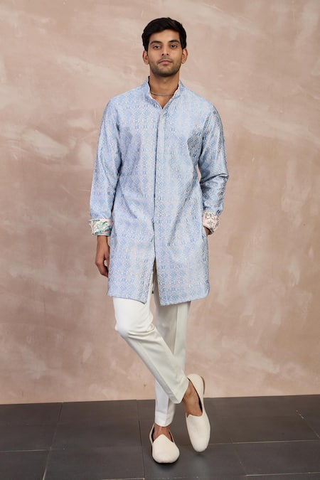 Arjan Dugal Pink Cotton Satin Print Big Flower Straight Kurta With Pant 