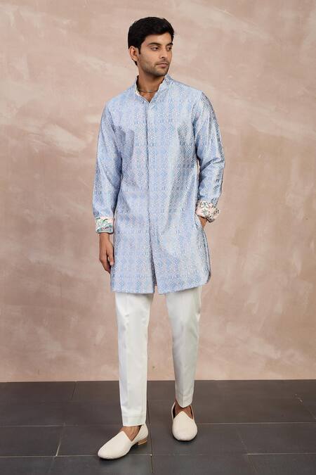 Arjan Dugal_Pink Cotton Satin Print Big Flower Straight Kurta With Pant _Online_at_Aza_Fashions