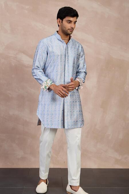 Shop_Arjan Dugal_Pink Cotton Satin Print Big Flower Straight Kurta With Pant _Online_at_Aza_Fashions