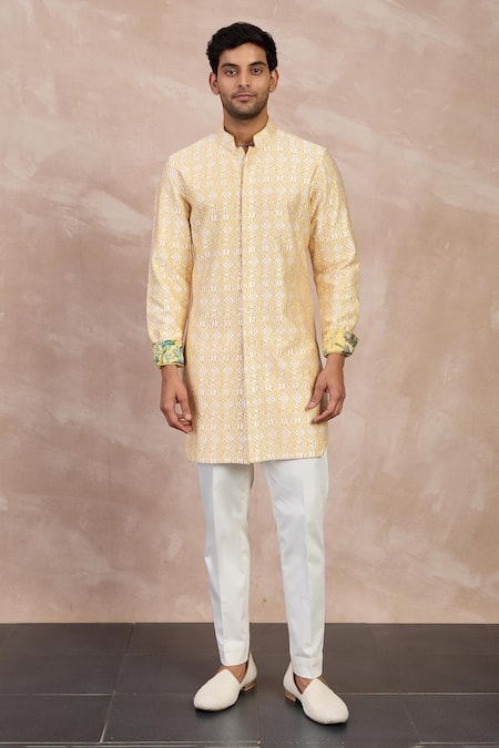 Arjan Dugal Yellow Cotton Satin Print Big Flower Embroidered Straight Kurta With Pant 