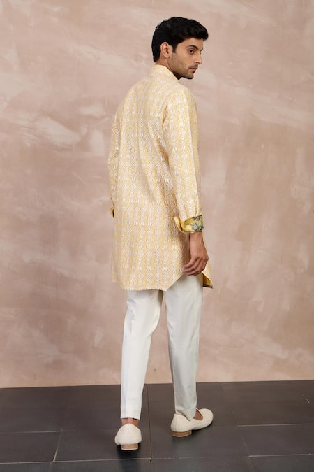 Shop Arjan Dugal Yellow Satin, Chanderi Silk, Big Flower Straight Kurta With Pant at Aza Fashions Shop_Arjan Dugal_Yellow Satin, Chanderi Silk, Big Flower Straight Kurta With Pant _at_Aza_Fashions