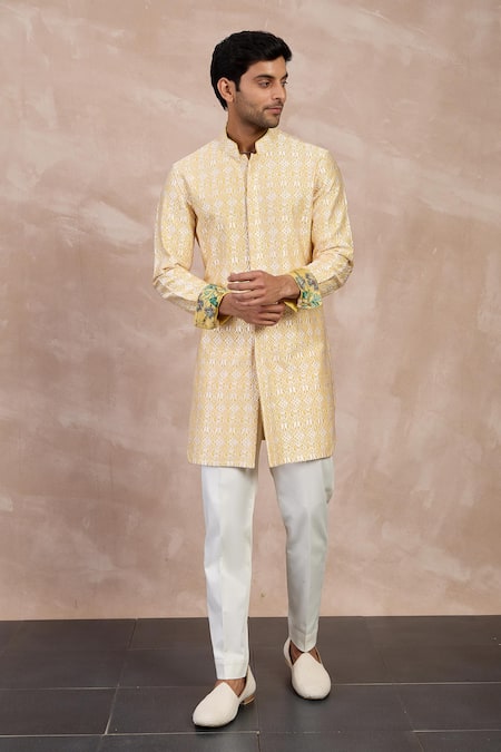 Arjan Dugal Yellow Satin, Chanderi Silk, Big Flower Straight Kurta With Pant Online at Aza Fashions Arjan Dugal_Yellow Satin, Chanderi Silk, Big Flower Straight Kurta With Pant _Online_at_Aza_Fashions