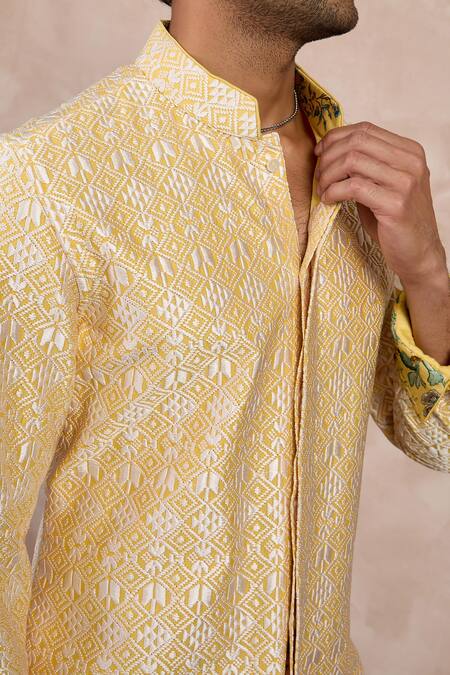Shop Arjan Dugal Yellow Satin, Chanderi Silk, Big Flower Straight Kurta With Pant Online at Aza Fashions Shop_Arjan Dugal_Yellow Satin, Chanderi Silk, Big Flower Straight Kurta With Pant _Online_at_Aza_Fashions