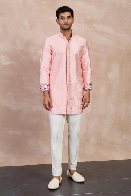 Arjan Dugal Pink Cotton Satin Print Peonies Embroidered Straight Kurta With Pant 