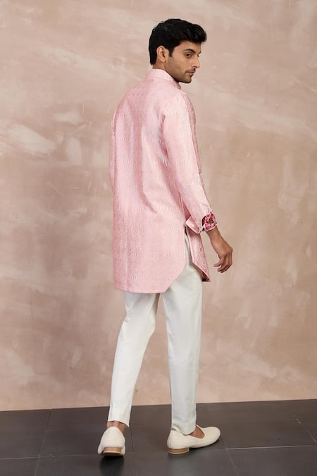 Shop Arjan Dugal Pink Cotton Satin, Chanderi Silk Embroidery Peonies Straight Kurta With Pant at Aza Fashions Shop_Arjan Dugal_Pink Cotton Satin, Chanderi Silk Embroidery Peonies Straight Kurta With Pant _at_Aza_Fashions