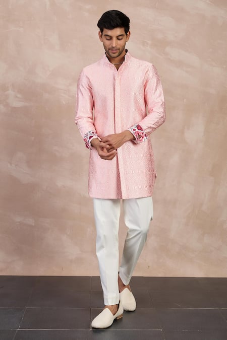 Arjan Dugal Pink Cotton Satin, Chanderi Silk Embroidery Peonies Straight Kurta With Pant Online at Aza Fashions Arjan Dugal_Pink Cotton Satin, Chanderi Silk Embroidery Peonies Straight Kurta With Pant _Online_at_Aza_Fashions
