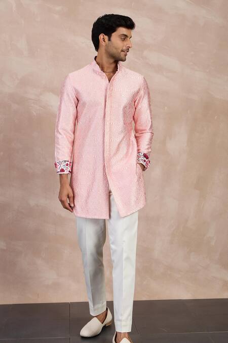 Buy Arjan Dugal Pink Cotton Satin, Chanderi Silk Embroidery Peonies Straight Kurta With Pant Online at Aza Fashions Buy_Arjan Dugal_Pink Cotton Satin, Chanderi Silk Embroidery Peonies Straight Kurta With Pant _Online_at_Aza_Fashions