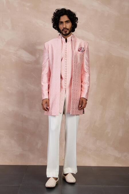 Arjan Dugal_Pink Chanderi Silk Embroidery Zaal Open Bandhgala And Pant Set _Online_at_Aza_Fashions