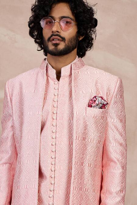 Buy_Arjan Dugal_Pink Chanderi Silk Embroidery Zaal Open Bandhgala And Pant Set _Online_at_Aza_Fashions