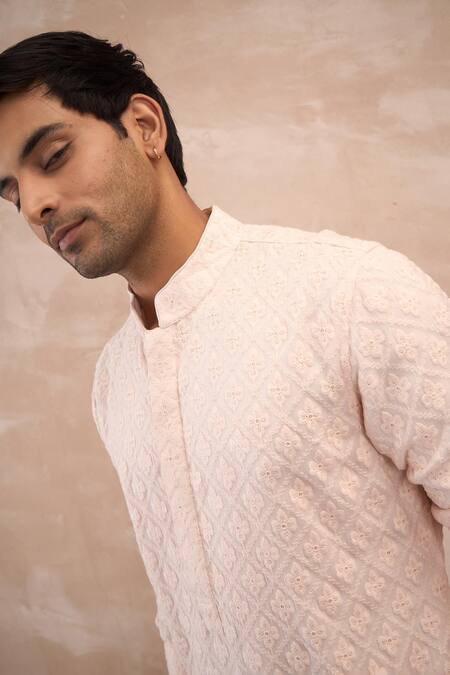 Shop Arjan Dugal Pink Georgette Embroidery Floral Orchid Thread Straight Kurta With Churidaar Online at Aza Fashions Shop_Arjan Dugal_Pink Georgette Embroidery Floral Orchid Thread Straight Kurta With Churidaar _Online_at_Aza_Fashions