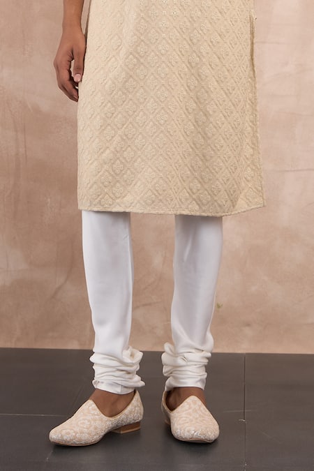 Arjan Dugal_Yellow Georgette, Muslin, Cotton Orchid Floral Thread Kurta With Churidaar _Online_at_Aza_Fashions
