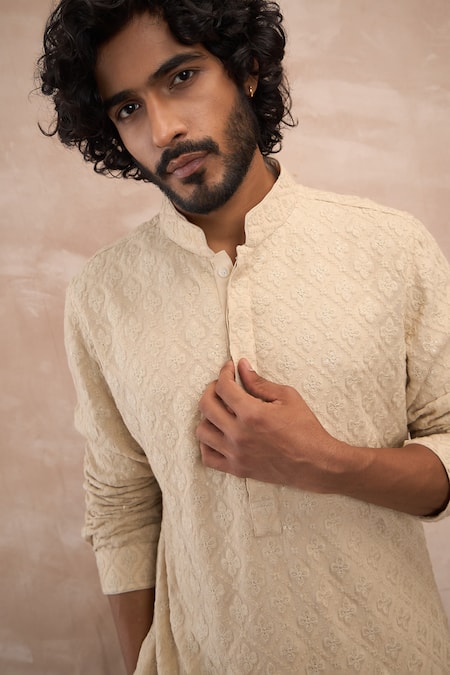 Buy_Arjan Dugal_Yellow Georgette, Muslin, Cotton Orchid Floral Thread Kurta With Churidaar _Online_at_Aza_Fashions