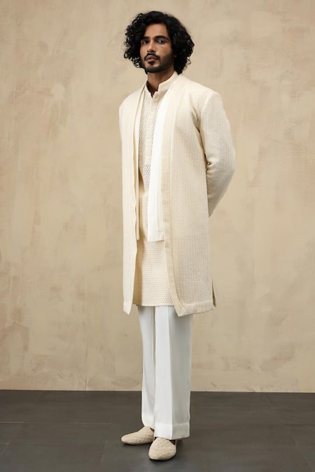 Arjan Dugal_Off White Organza, Viscose Embroidery Star Panelled Jacket And Kurta Set _Online_at_Aza_Fashions