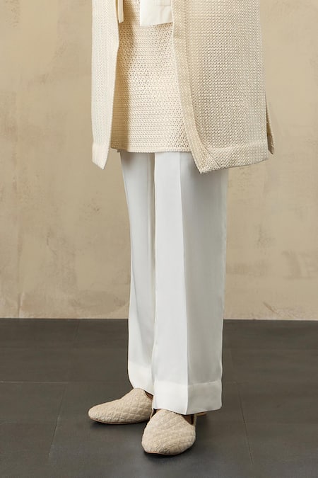 Buy_Arjan Dugal_Off White Organza, Viscose Embroidery Star Panelled Jacket And Kurta Set _Online_at_Aza_Fashions