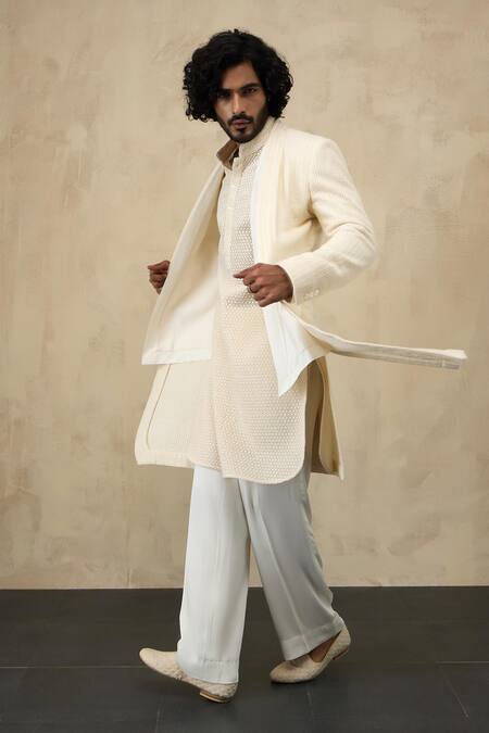 Shop_Arjan Dugal_Off White Organza, Viscose Embroidery Star Panelled Jacket And Kurta Set _Online_at_Aza_Fashions