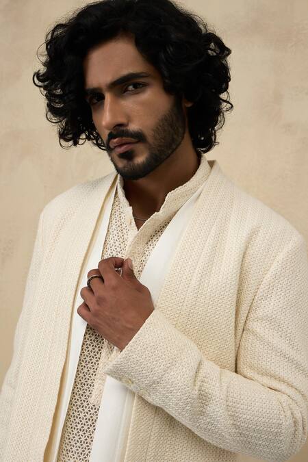 Arjan Dugal_Off White Organza, Viscose Embroidery Star Panelled Jacket And Kurta Set _at_Aza_Fashions