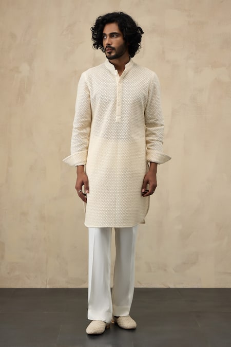 Arjan Dugal Off White Organza, Viscose Embroidery Star Straight Kurta With Pant Online at Aza Fashions Arjan Dugal_Off White Organza, Viscose Embroidery Star Straight Kurta With Pant _Online_at_Aza_Fashions