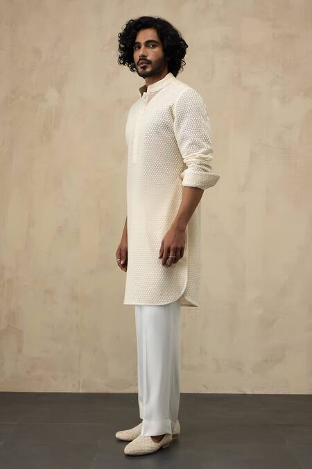 Shop Arjan Dugal Off White Organza, Viscose Embroidery Star Straight Kurta With Pant Online at Aza Fashions Shop_Arjan Dugal_Off White Organza, Viscose Embroidery Star Straight Kurta With Pant _Online_at_Aza_Fashions