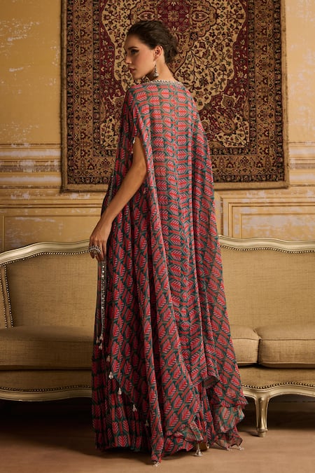 Shop Diyarajvvir Blue Crepe, Georgette Mirrors, Beads Sweetheart Butta Print Cape Gharara Set at Aza Fashions Shop_Diyarajvvir_Blue Crepe, Georgette Mirrors, Beads Sweetheart Butta Print Cape Gharara Set _at_Aza_Fashions