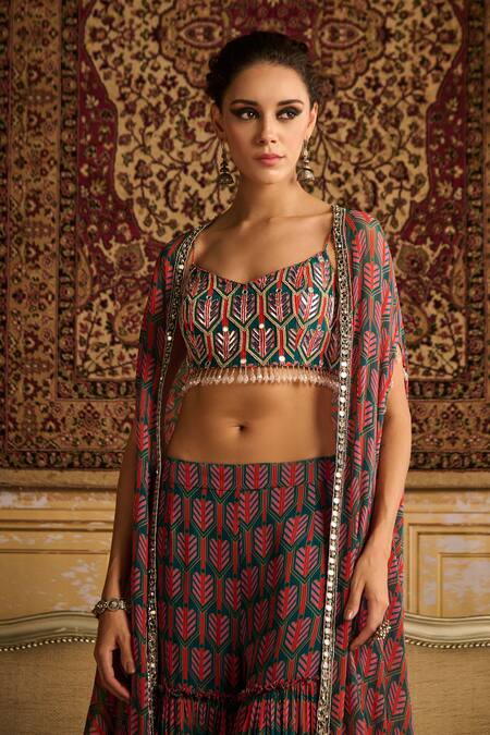 Buy Diyarajvvir Blue Crepe, Georgette Mirrors, Beads Sweetheart Butta Print Cape Gharara Set Online at Aza Fashions Buy_Diyarajvvir_Blue Crepe, Georgette Mirrors, Beads Sweetheart Butta Print Cape Gharara Set _Online_at_Aza_Fashions