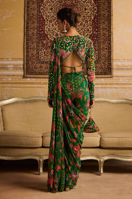 Shop_Diyarajvvir_Green Crepe, Georgette Sequins, Tassels Round Printed Pant Saree With Blouse _at_Aza_Fashions