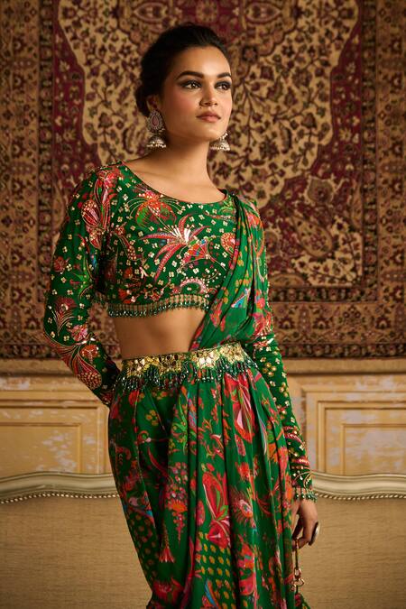 Diyarajvvir_Green Crepe, Georgette Sequins, Tassels Round Printed Pant Saree With Blouse _Online_at_Aza_Fashions