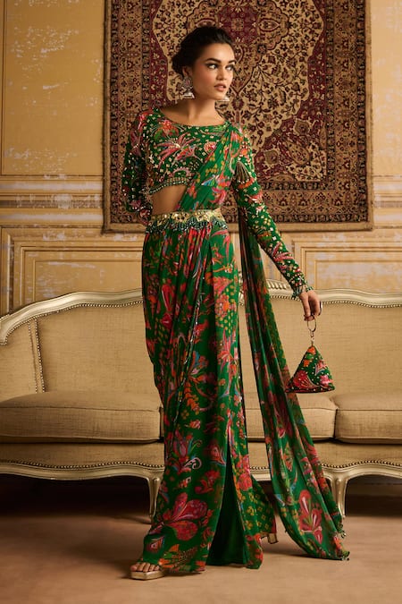 Buy_Diyarajvvir_Green Crepe, Georgette Sequins, Tassels Round Printed Pant Saree With Blouse _Online_at_Aza_Fashions