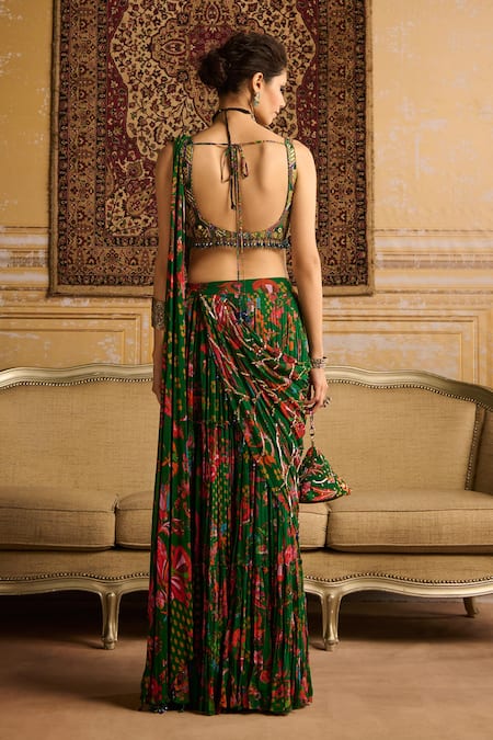 Shop_Diyarajvvir_Green Crepe, Georgette Sequins, Embroidery Floral Print Pre-draped Saree Set _at_Aza_Fashions