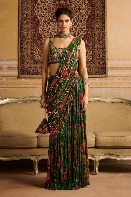 Diyarajvvir_Green Crepe, Georgette Sequins, Embroidery Floral Print Pre-draped Saree Set _Online_at_Aza_Fashions