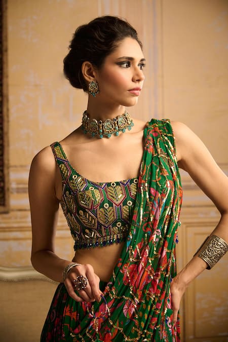 Buy_Diyarajvvir_Green Crepe, Georgette Sequins, Embroidery Floral Print Pre-draped Saree Set _Online_at_Aza_Fashions