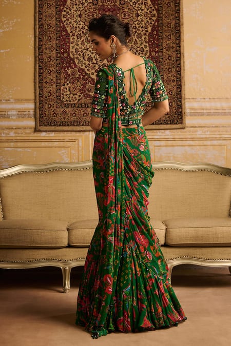 Shop_Diyarajvvir_Green Georgette, Tulle Beads, Mirrors, Floral Print Pre-draped Saree Set _at_Aza_Fashions