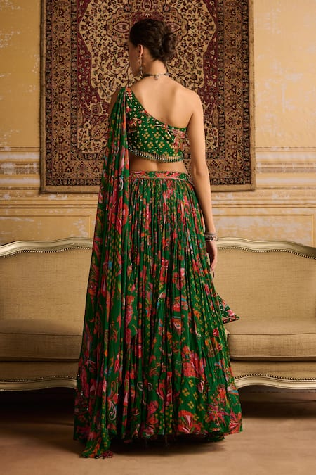 Shop_Diyarajvvir_Green Crepe, Georgette, Linen Embroidery, Sequins Printed Blouse Lehenga Set _at_Aza_Fashions