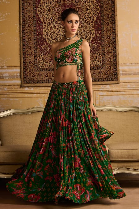 Diyarajvvir_Green Crepe, Georgette, Linen Embroidery, Sequins Printed Blouse Lehenga Set _Online_at_Aza_Fashions