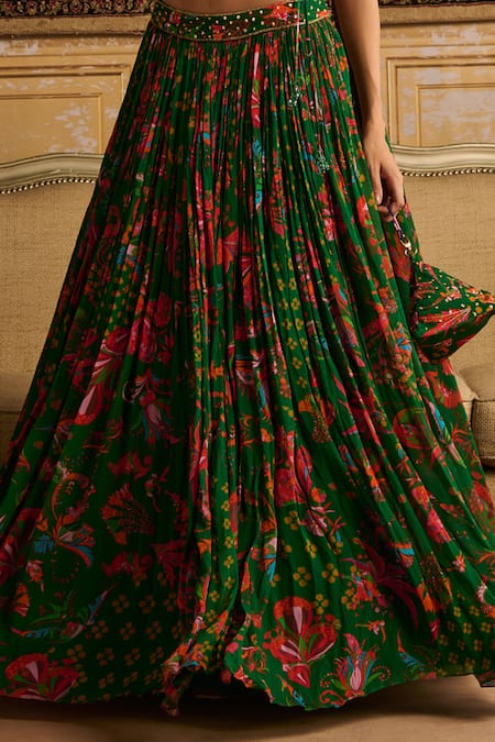 Buy_Diyarajvvir_Green Crepe, Georgette, Linen Embroidery, Sequins Printed Blouse Lehenga Set _Online_at_Aza_Fashions