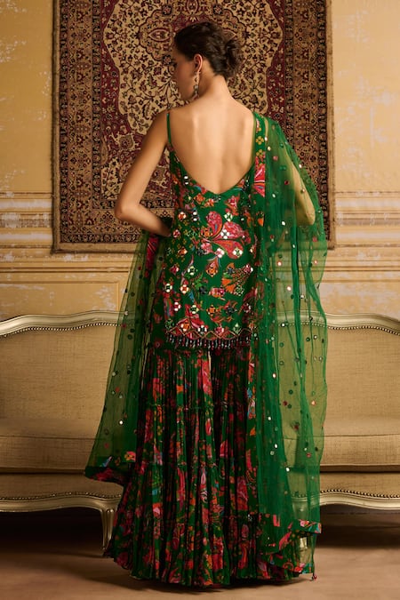 Shop Diyarajvvir Green Tulle, Crepe, Georgette, Linen Sequins, Printed Kurta Gharara Set at Aza Fashions Shop_Diyarajvvir_Green Tulle, Crepe, Georgette, Linen Sequins, Printed Kurta Gharara Set _at_Aza_Fashions