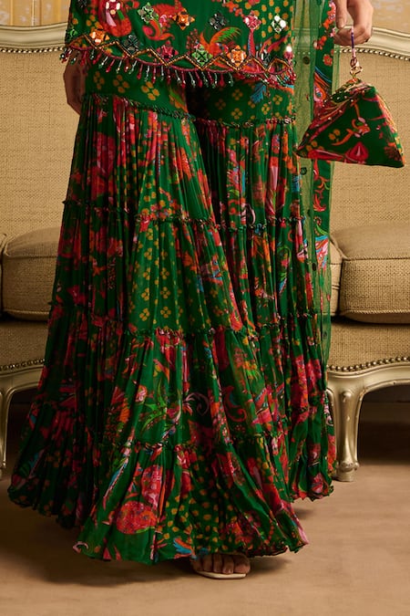 Diyarajvvir Green Tulle, Crepe, Georgette, Linen Sequins, Printed Kurta Gharara Set Online at Aza Fashions Diyarajvvir_Green Tulle, Crepe, Georgette, Linen Sequins, Printed Kurta Gharara Set _Online_at_Aza_Fashions
