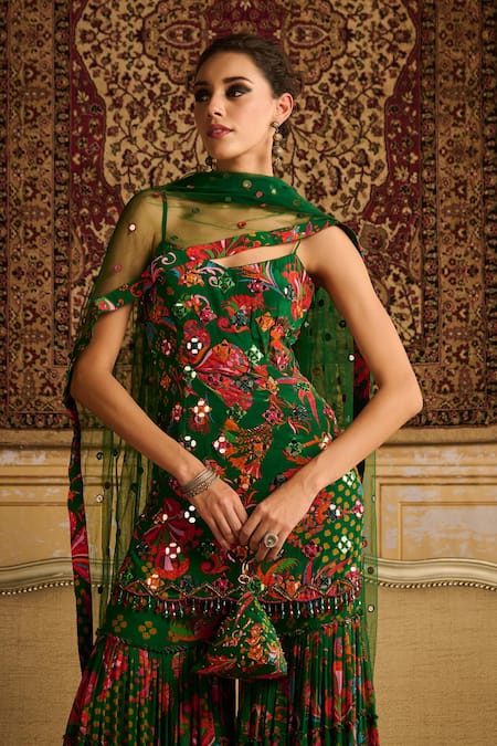 Shop Diyarajvvir Green Tulle, Crepe, Georgette, Linen Sequins, Printed Kurta Gharara Set Online at Aza Fashions Shop_Diyarajvvir_Green Tulle, Crepe, Georgette, Linen Sequins, Printed Kurta Gharara Set _Online_at_Aza_Fashions