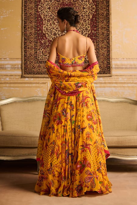 Shop_DiyaRajvvir_Yellow Crepe, Satin, Organza, Linen Tassels, Floral Jaal Print Lehenga Set _at_Aza_Fashions