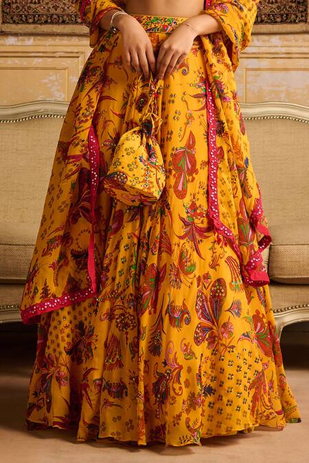 DiyaRajvvir_Yellow Crepe, Satin, Organza, Linen Tassels, Floral Jaal Print Lehenga Set _Online_at_Aza_Fashions