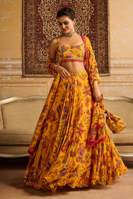 Buy_DiyaRajvvir_Yellow Crepe, Satin, Organza, Linen Tassels, Floral Jaal Print Lehenga Set _Online_at_Aza_Fashions