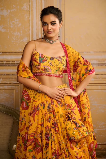 Shop_DiyaRajvvir_Yellow Crepe, Satin, Organza, Linen Tassels, Floral Jaal Print Lehenga Set _Online_at_Aza_Fashions